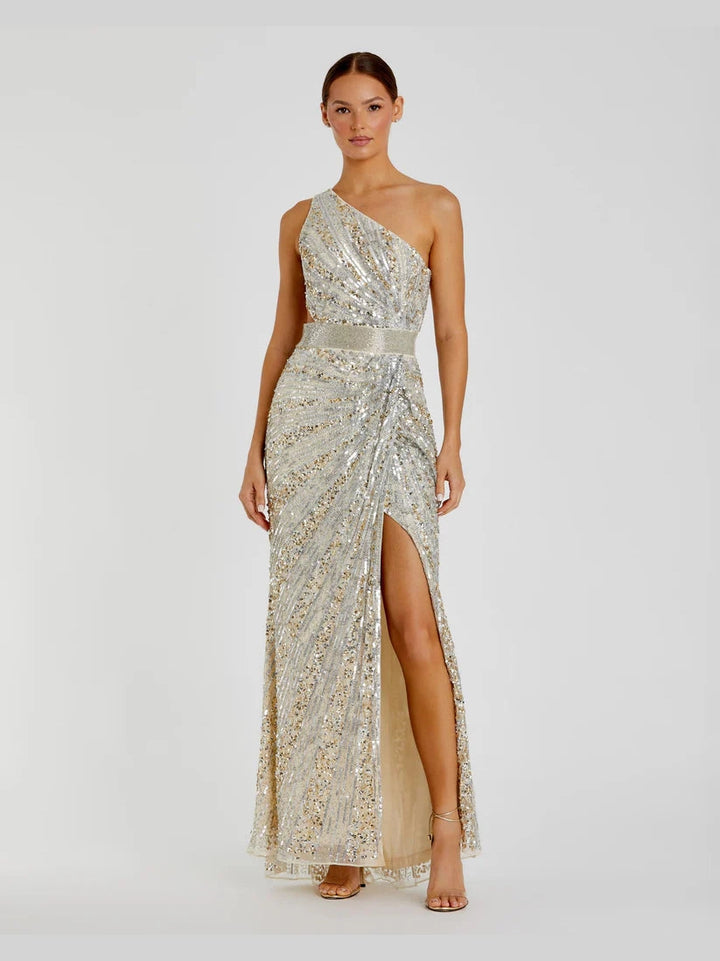 Sequined One Shoulder Draped Lace Up Gown