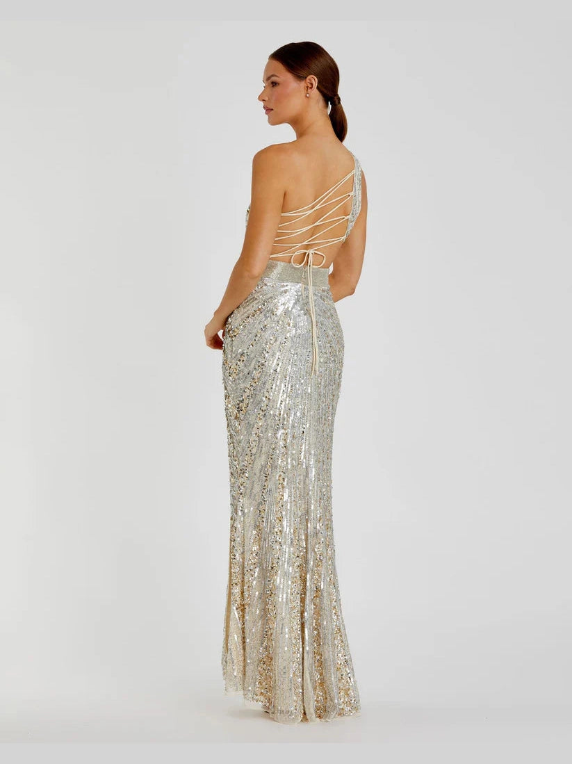 Sequined One Shoulder Draped Lace Up Gown