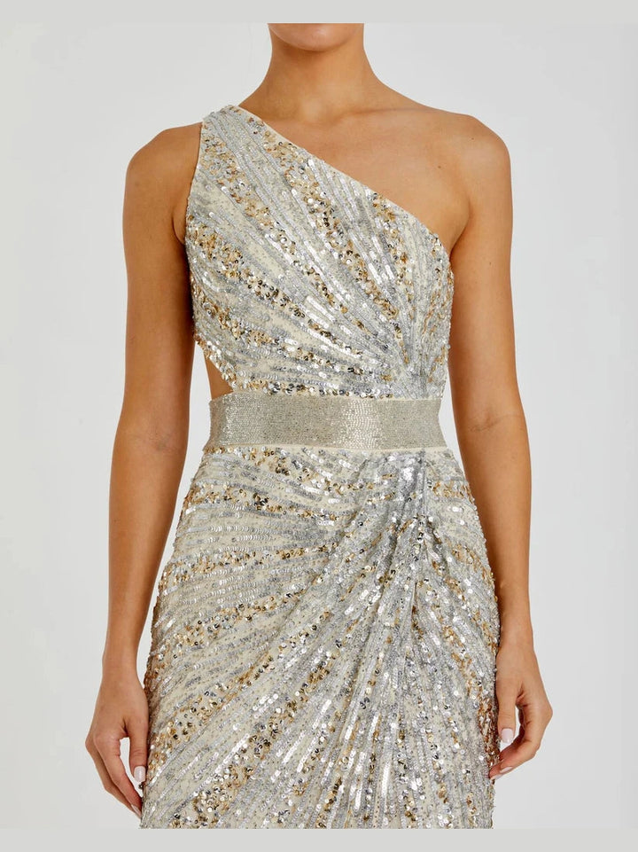 Sequined One Shoulder Draped Lace Up Gown