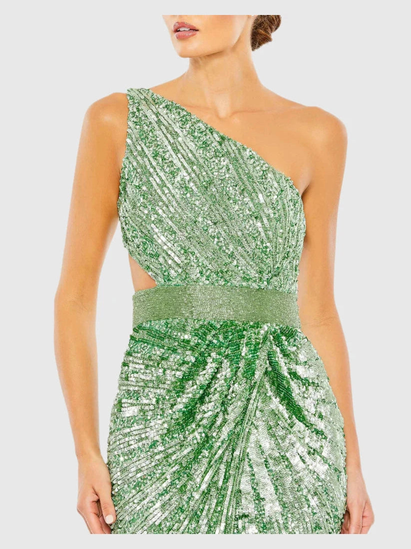 Sequined One Shoulder Draped Lace Up Gown