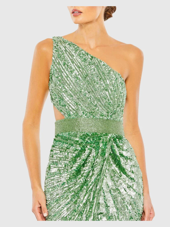 Sequined One Shoulder Draped Lace Up Gown