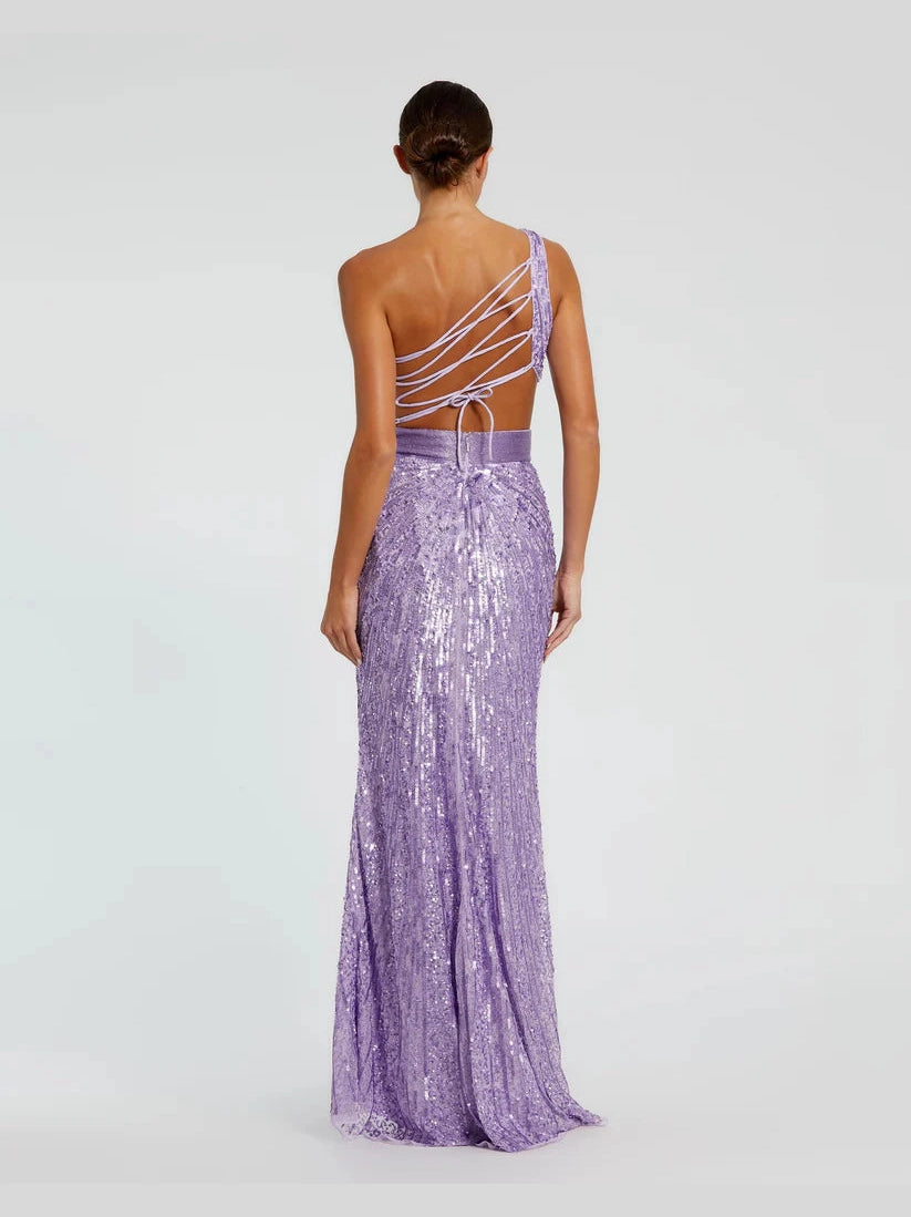 Sequined One Shoulder Draped Lace Up Gown