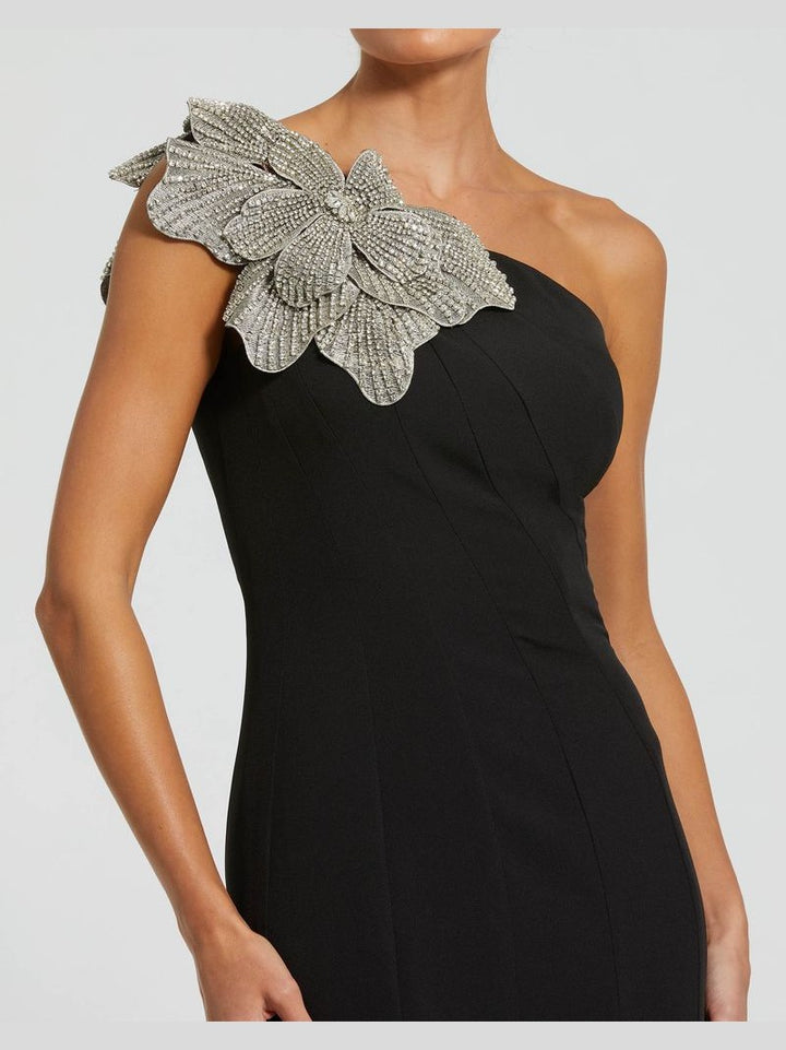 Crepe One Shoulder Gown With Crystal Flower