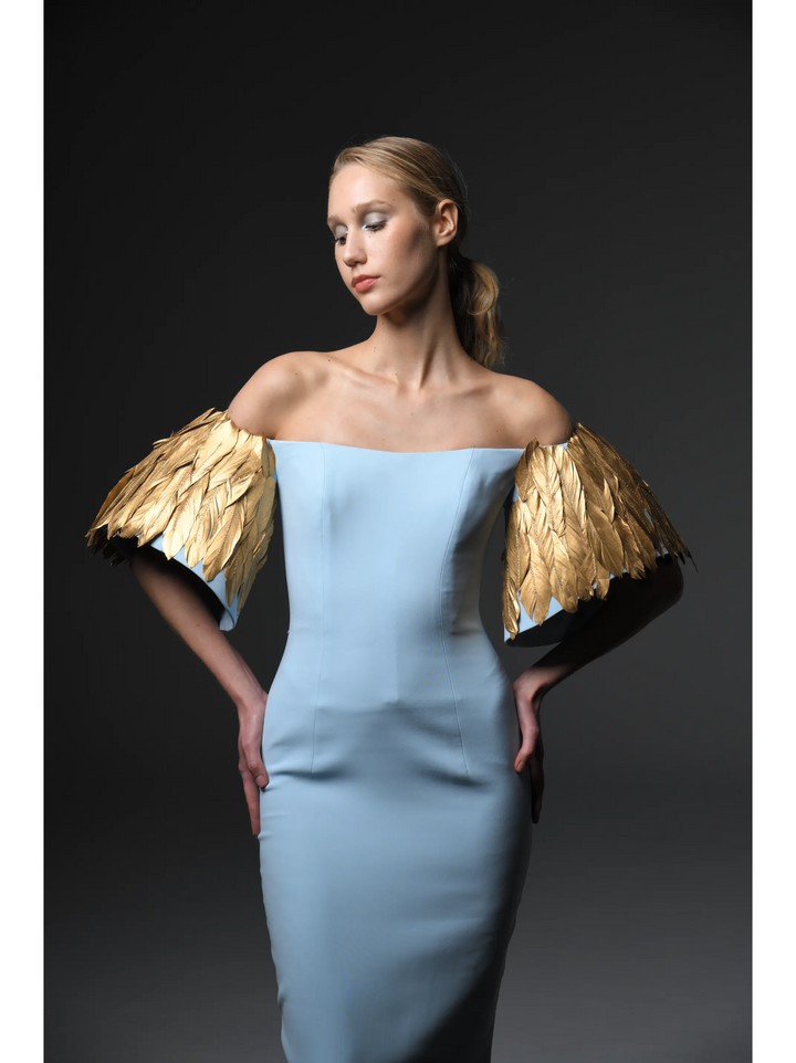 Crêpe Gown With Feathers On Sleeves