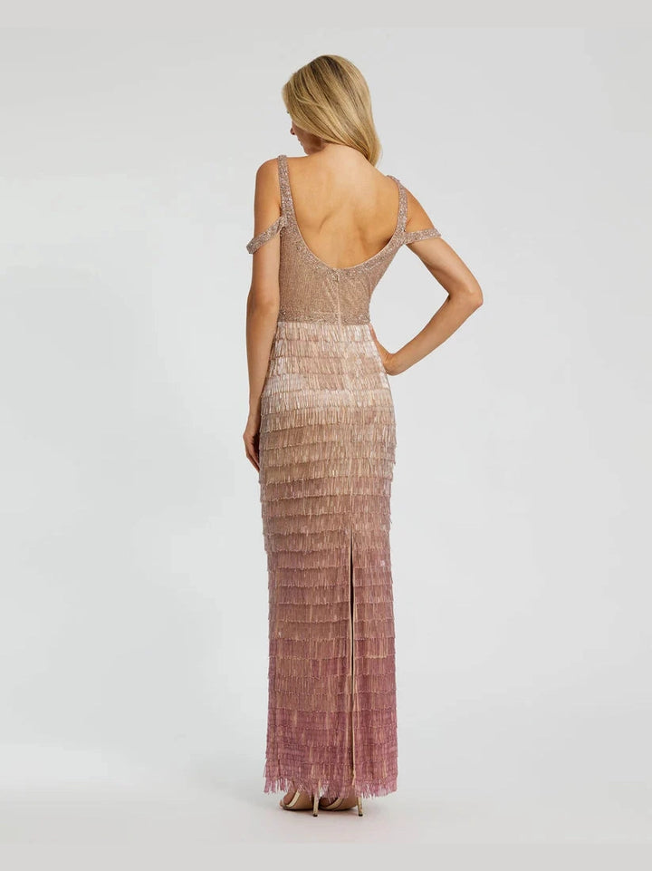 Scoop Neck Embellished Fringe Gown