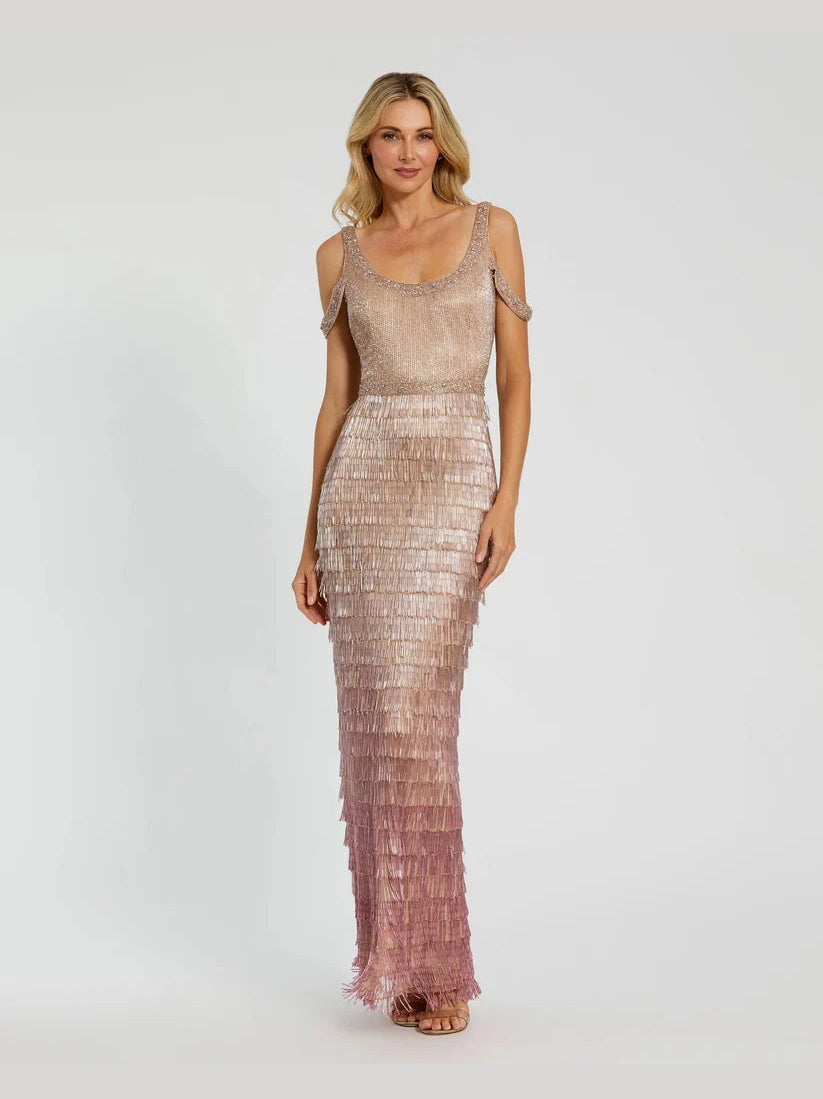 Scoop Neck Embellished Fringe Gown