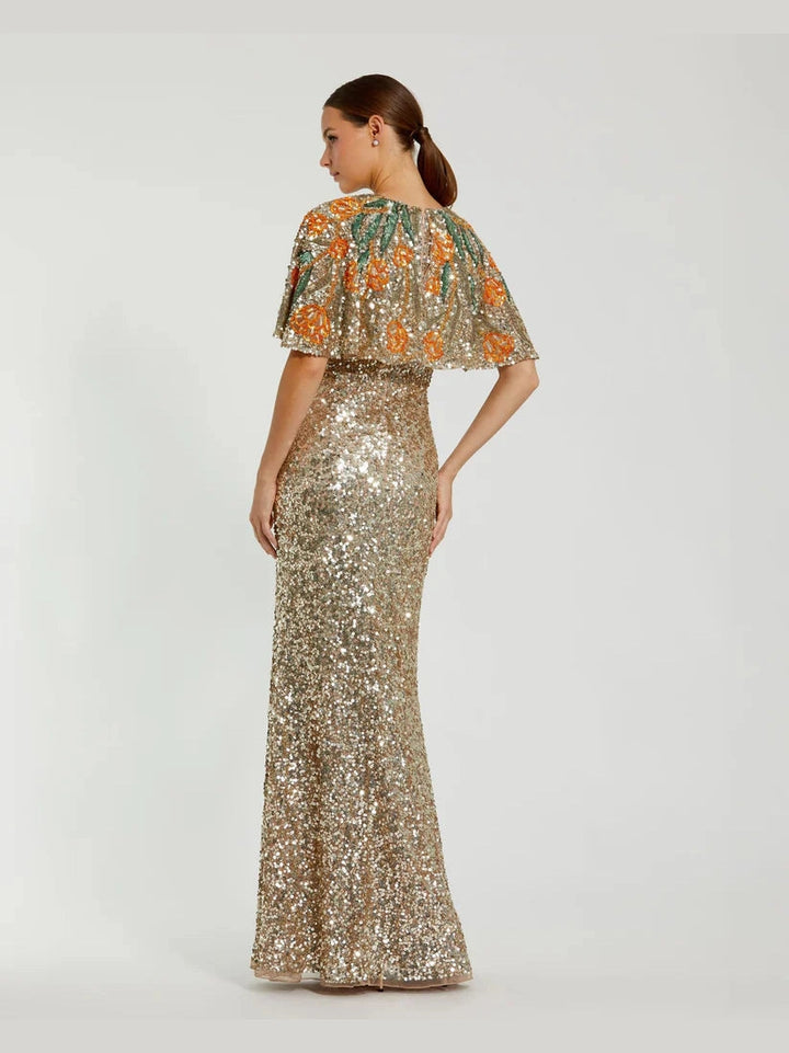 Embellished Gown With Floral Beaded Shawl