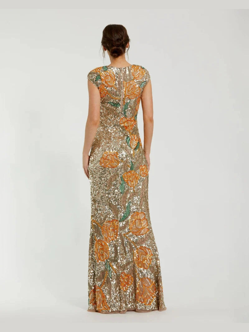 Fitted Cap Sleeve Gown With Floral Beading