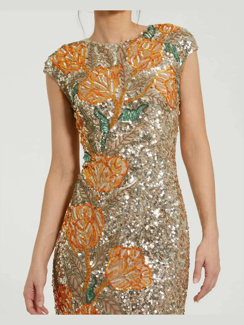 Fitted Cap Sleeve Gown With Floral Beading