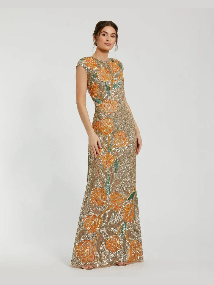 Fitted Cap Sleeve Gown With Floral Beading