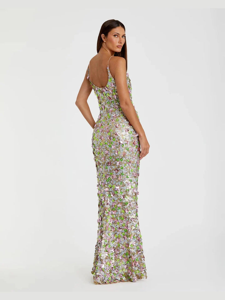 Sleeveless Floral Paillette Embelleshed Mesh Gown