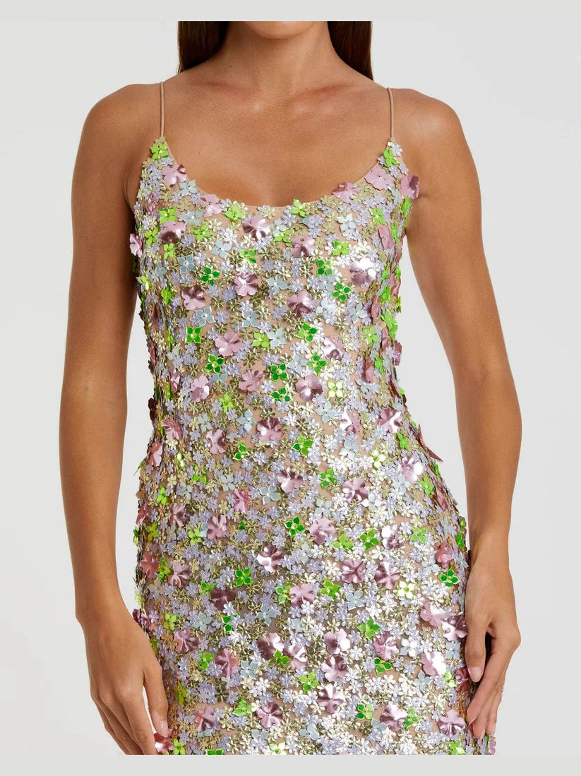 Sleeveless Floral Paillette Embelleshed Mesh Gown