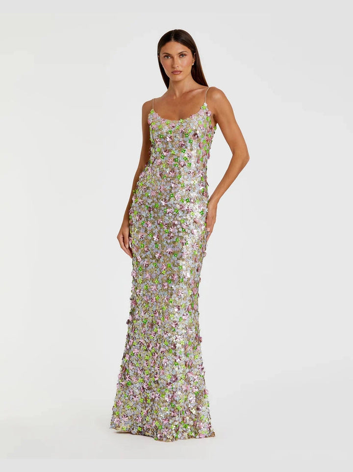 Sleeveless Floral Paillette Embelleshed Mesh Gown