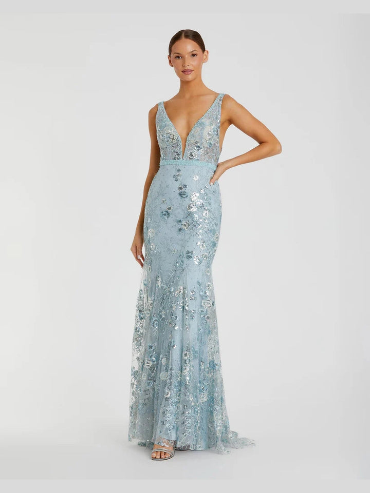 Embellished Sleeveless Plunge Neck Gown