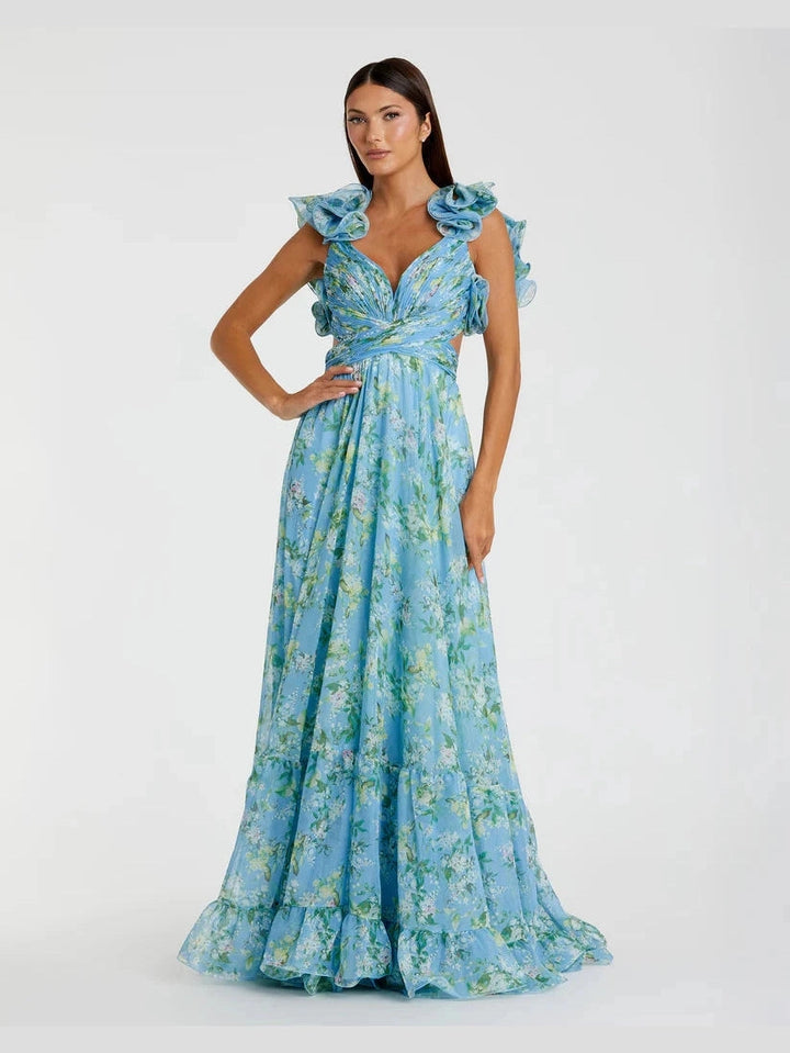 Ruffle Tiered Floral Cut-Out Chiffon Gown