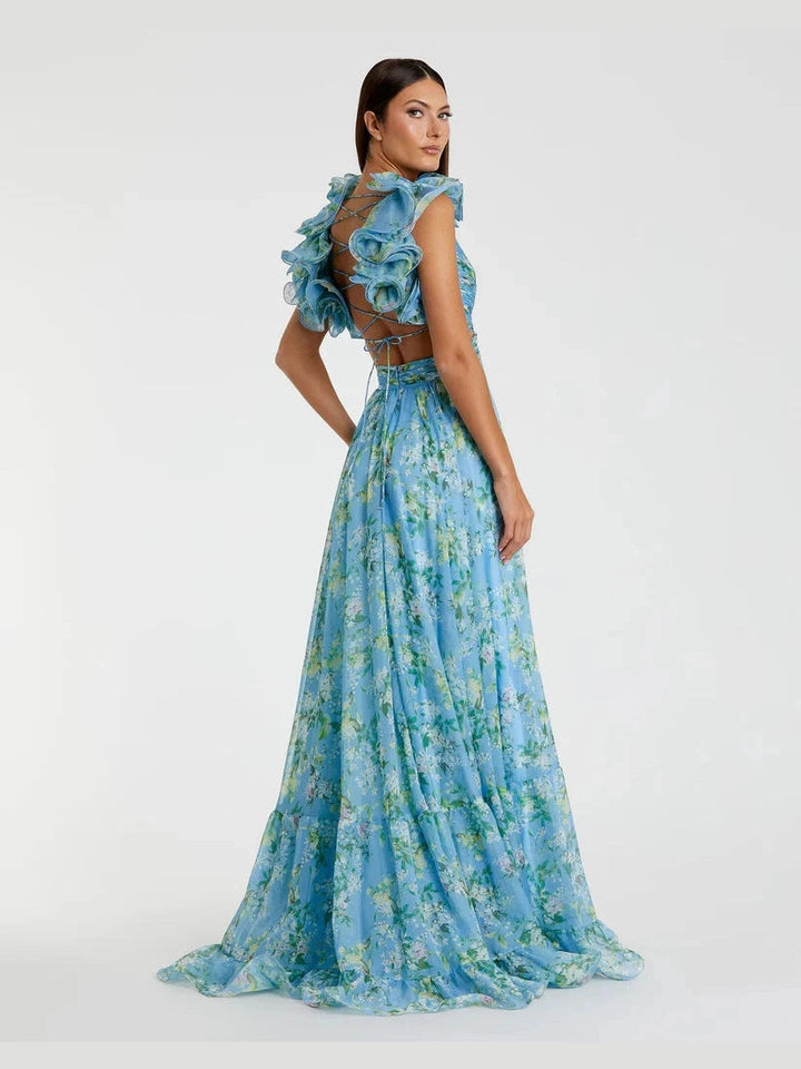 Ruffle Tiered Floral Cut-Out Chiffon Gown