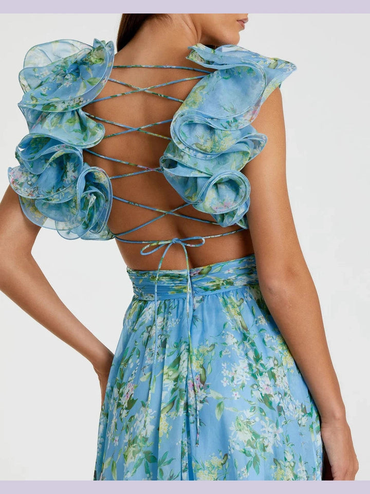 Ruffle Tiered Floral Cut-Out Chiffon Gown