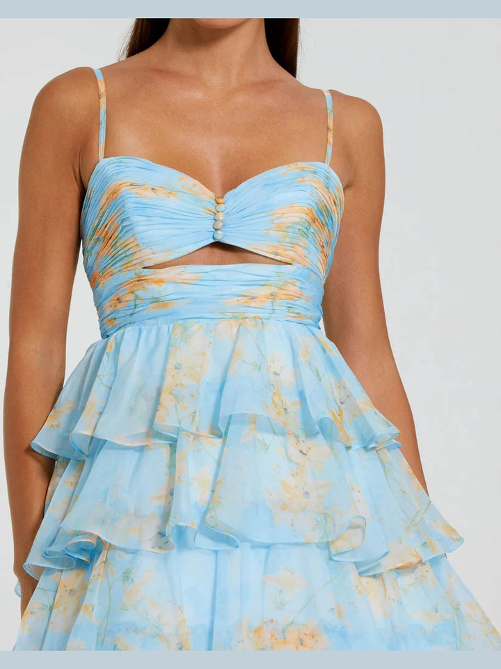Floral Cut Out Ruffle Tiered Gown