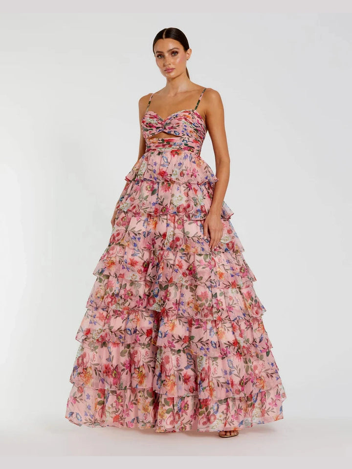 Floral Cut Out Ruffle Tiered Gown