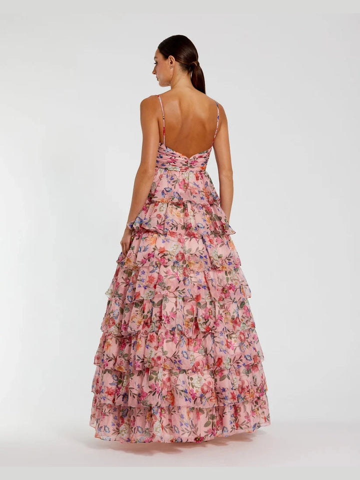Floral Cut Out Ruffle Tiered Gown