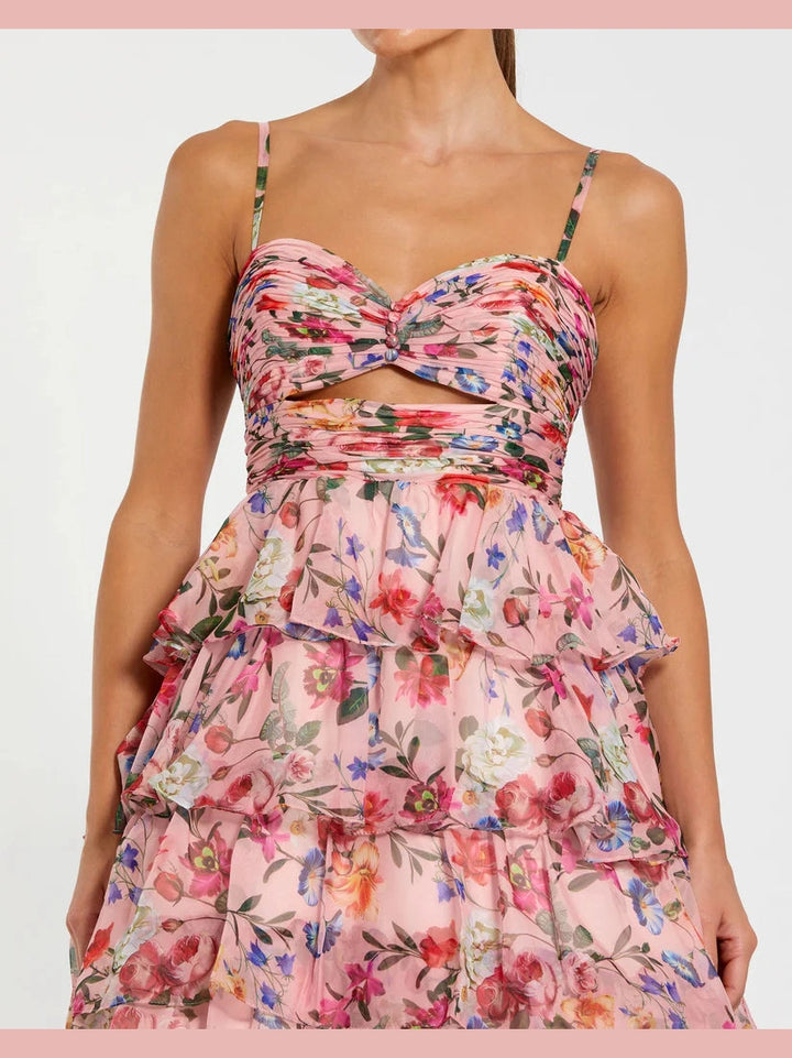 Floral Cut Out Ruffle Tiered Gown