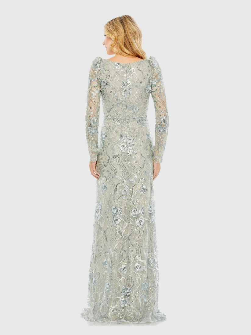 Embroidered Wrap Over Puff Sleeves Trumpet Gown