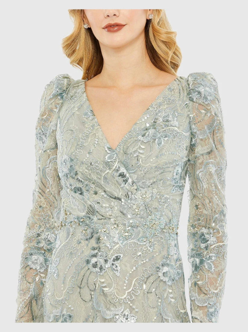 Embroidered Wrap Over Puff Sleeves Trumpet Gown