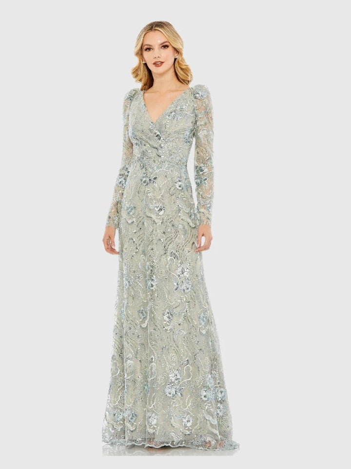 Embroidered Wrap Over Puff Sleeves Trumpet Gown