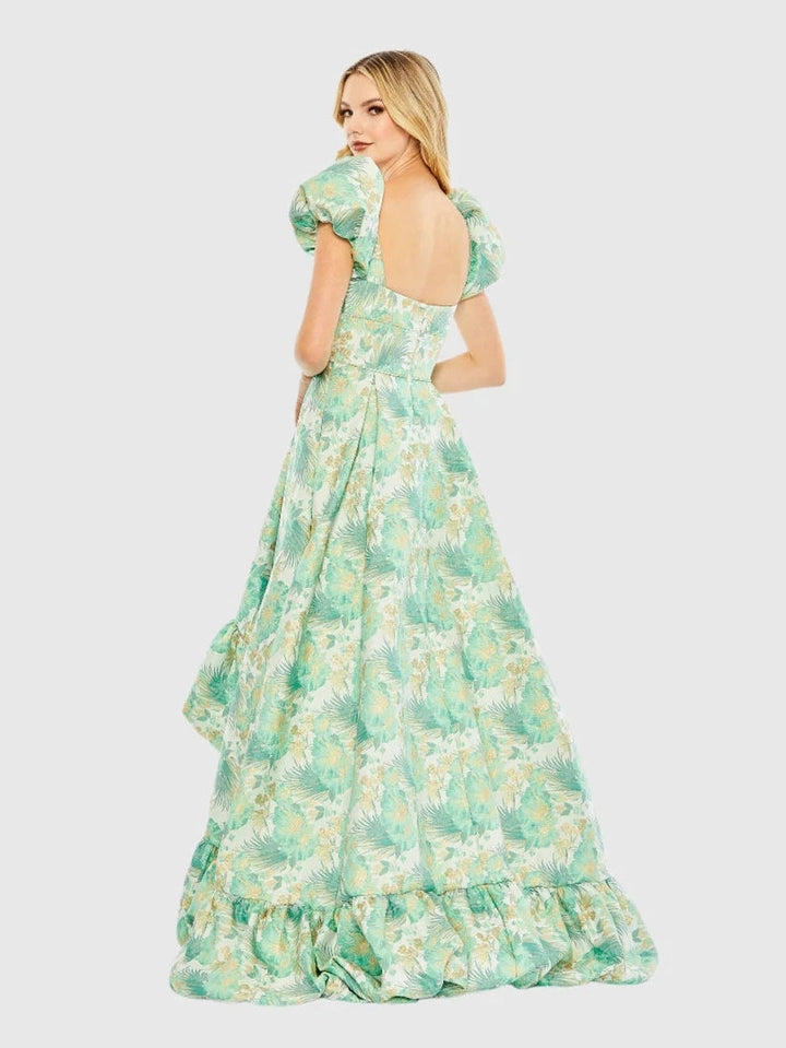 Floral Print Puff Sleeve High Low Brocade Gown