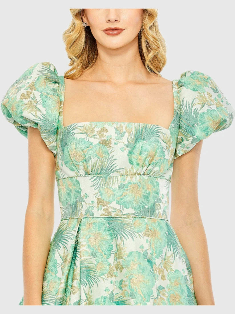 Floral Print Puff Sleeve High Low Brocade Gown