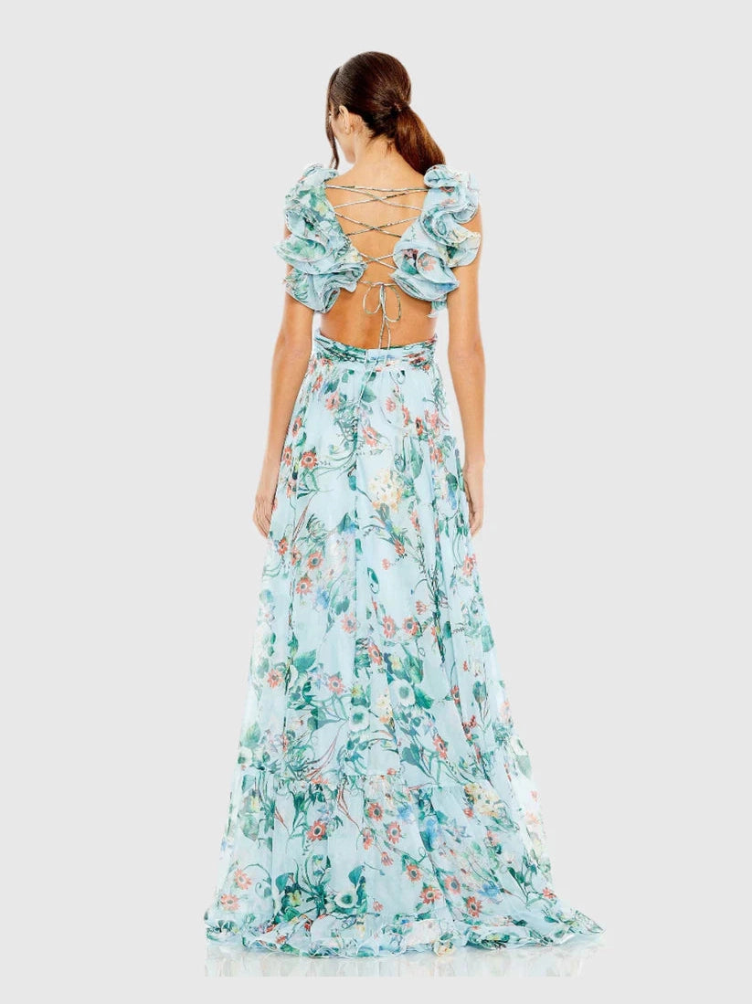 V-Neck Sleeveless Cut-Out Lace Up Back Gown