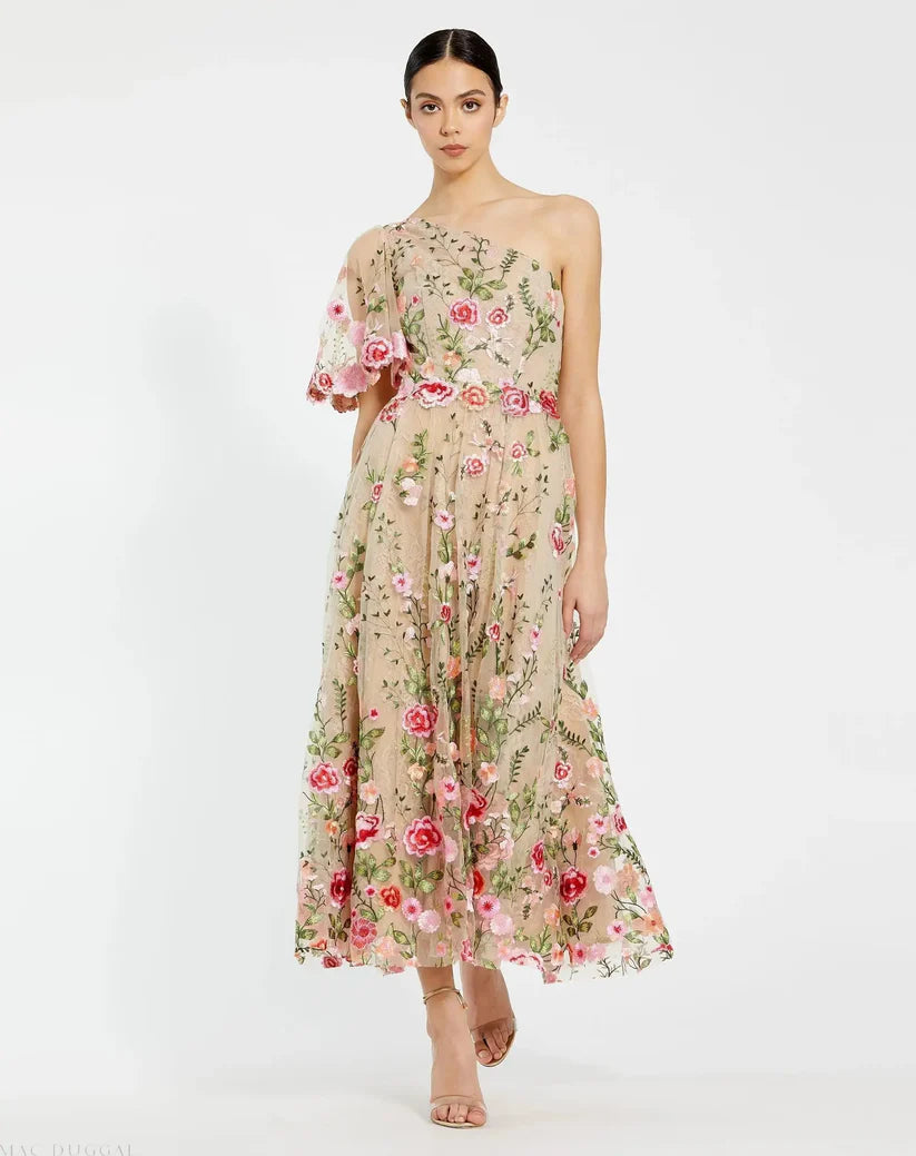 Pink One Shoulder Lace Embroidered Dress