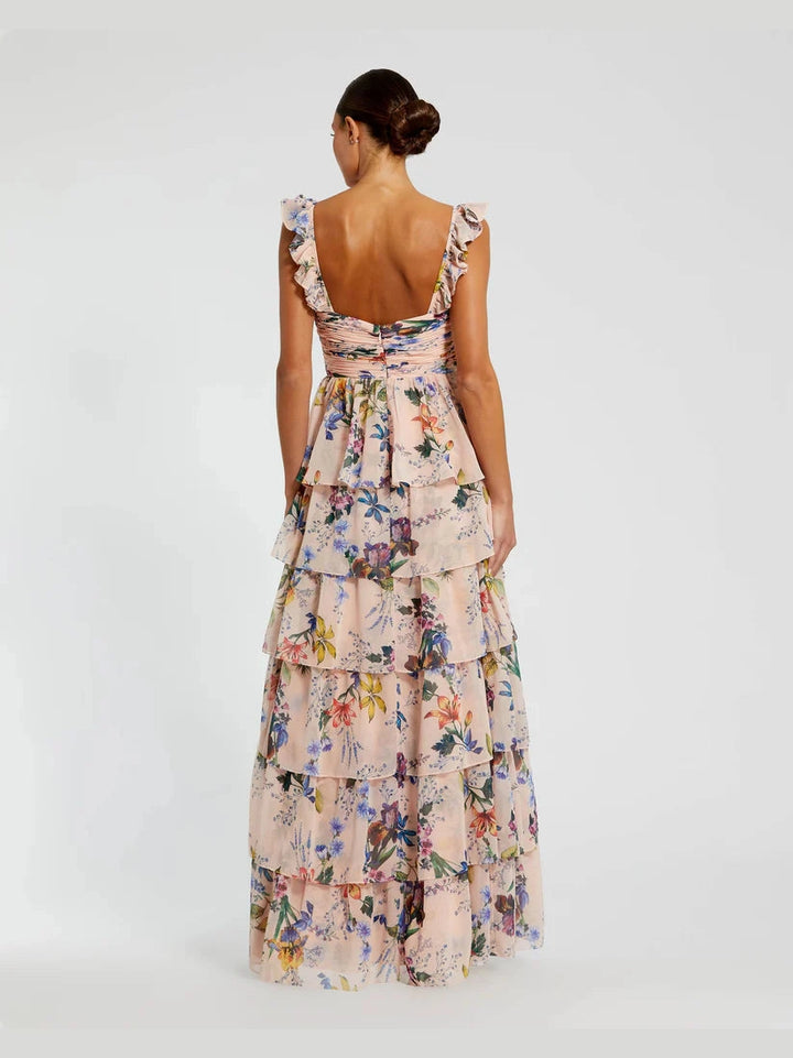 Ruffle Sleeveless Chiffon Tiered Floral Print Gown