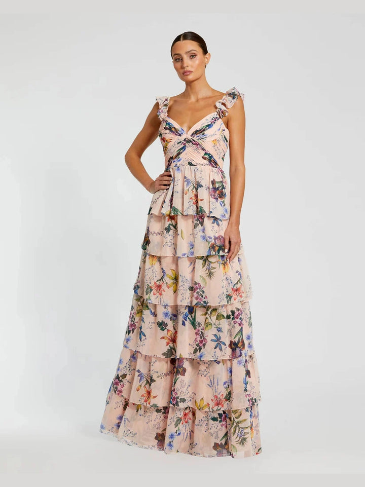 Ruffle Sleeveless Chiffon Tiered Floral Print Gown