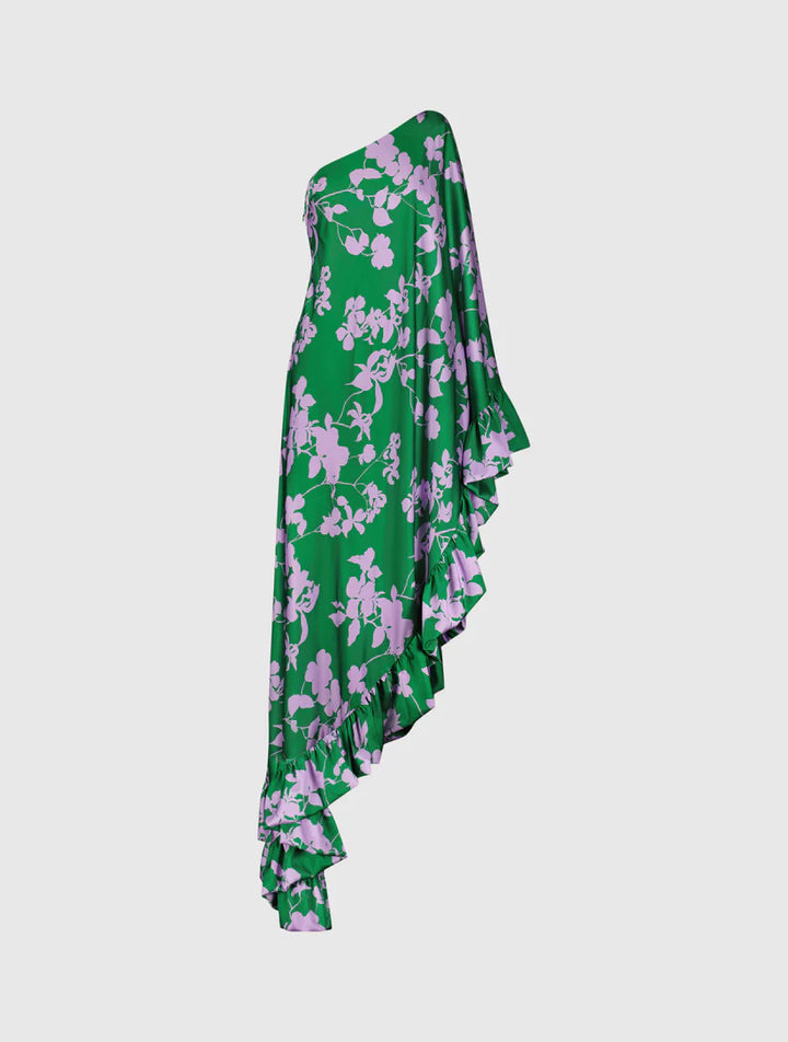 Green Printed Charmeuse One Shoulder Draped Gown