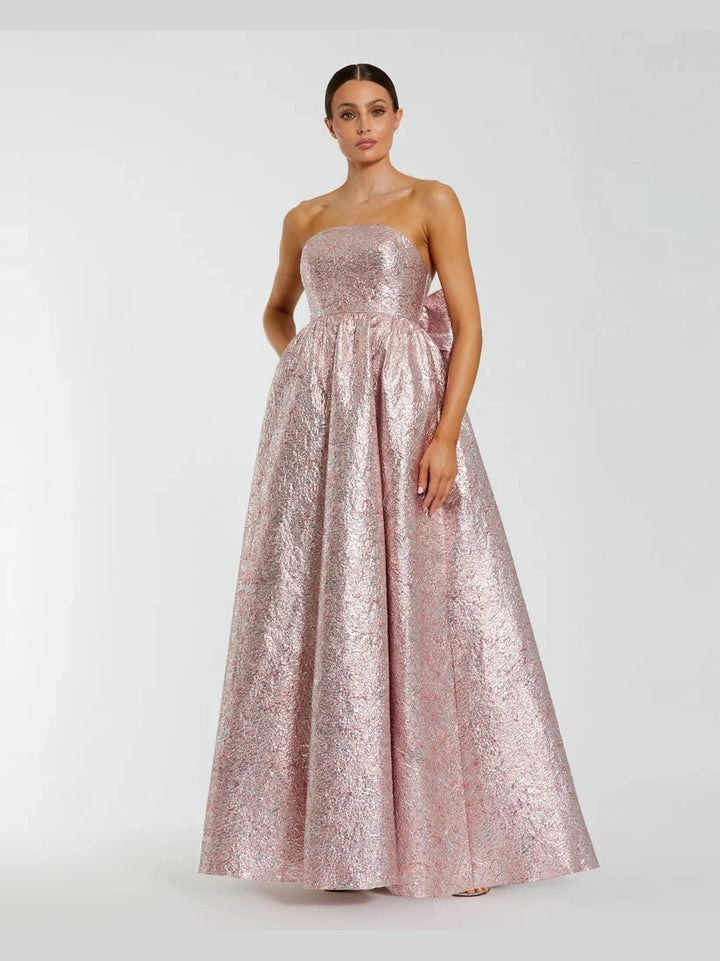 Metallic Strapless Brocade Gown With Oversized Bow