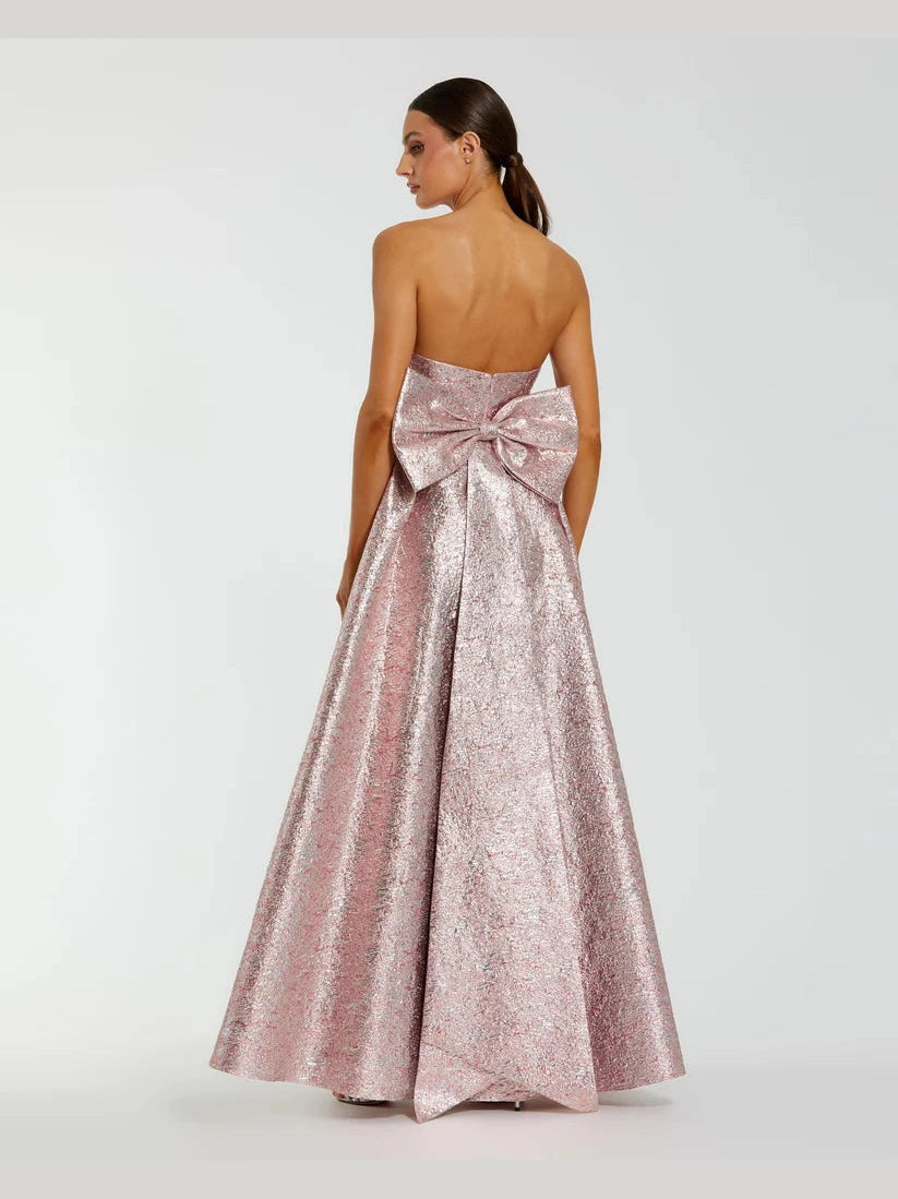 Metallic Strapless Brocade Gown With Oversized Bow