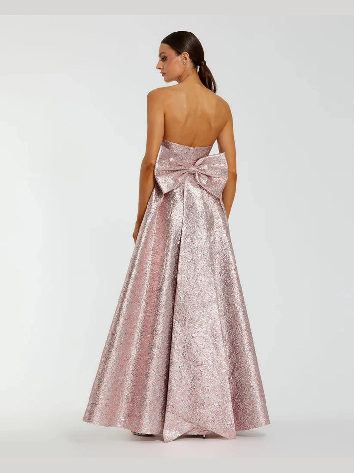 Metallic Strapless Brocade Gown With Oversized Bow