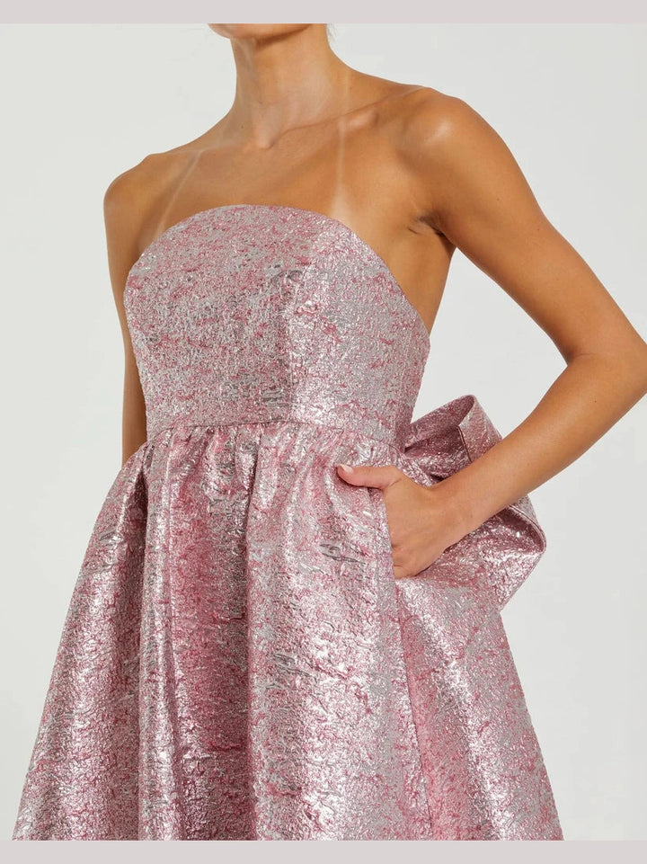 Metallic Strapless Brocade Gown With Oversized Bow