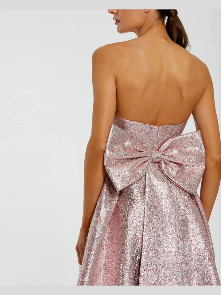 Metallic Strapless Brocade Gown With Oversized Bow