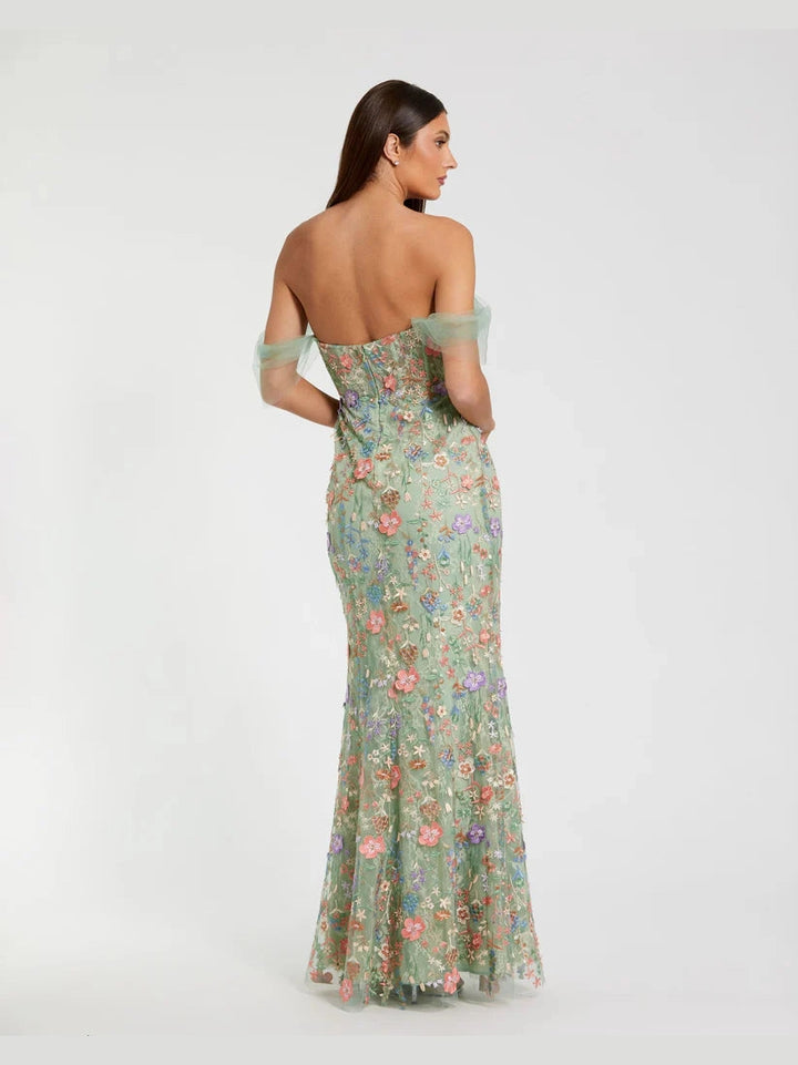 Off The Shoulder Bustier Embroidered Net Gown