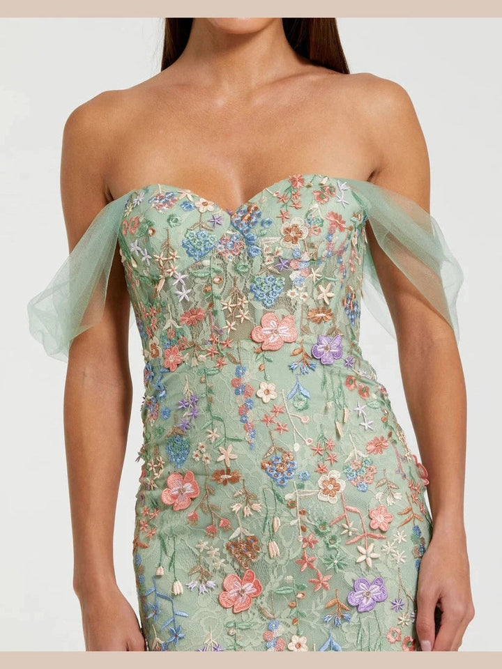 Off The Shoulder Bustier Embroidered Net Gown