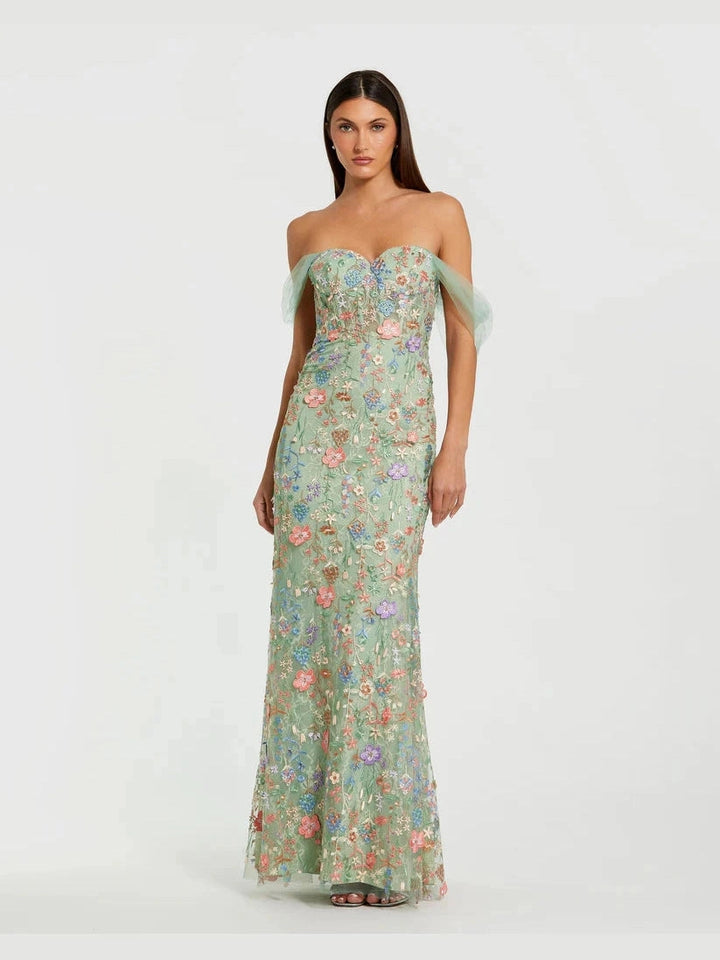 Off The Shoulder Bustier Embroidered Net Gown