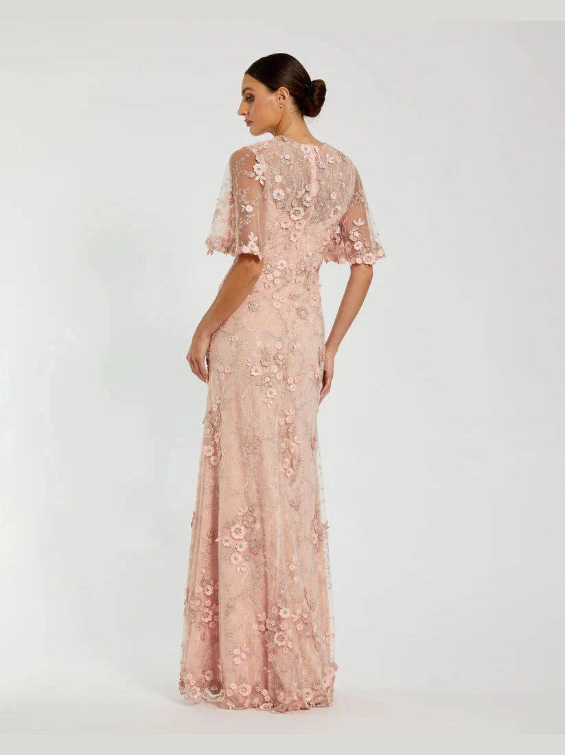 Flutter Sleeve Floral Embroidered Net Gown