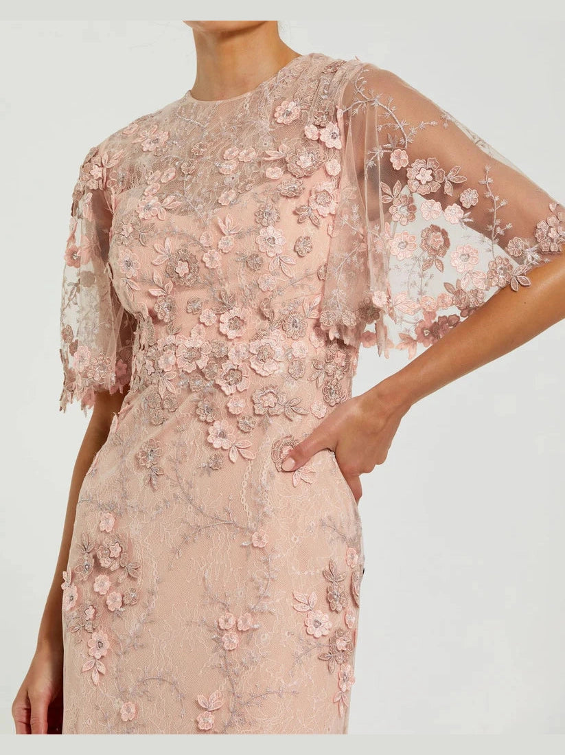Flutter Sleeve Floral Embroidered Net Gown