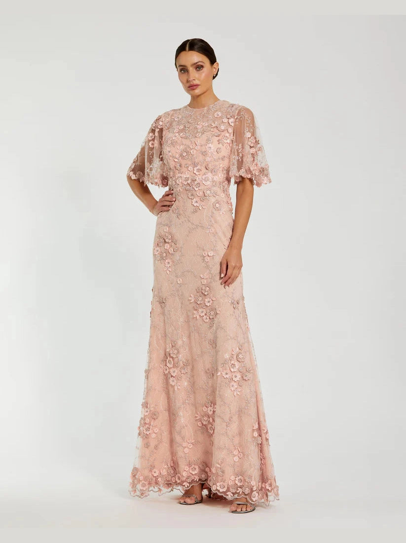 Flutter Sleeve Floral Embroidered Net Gown
