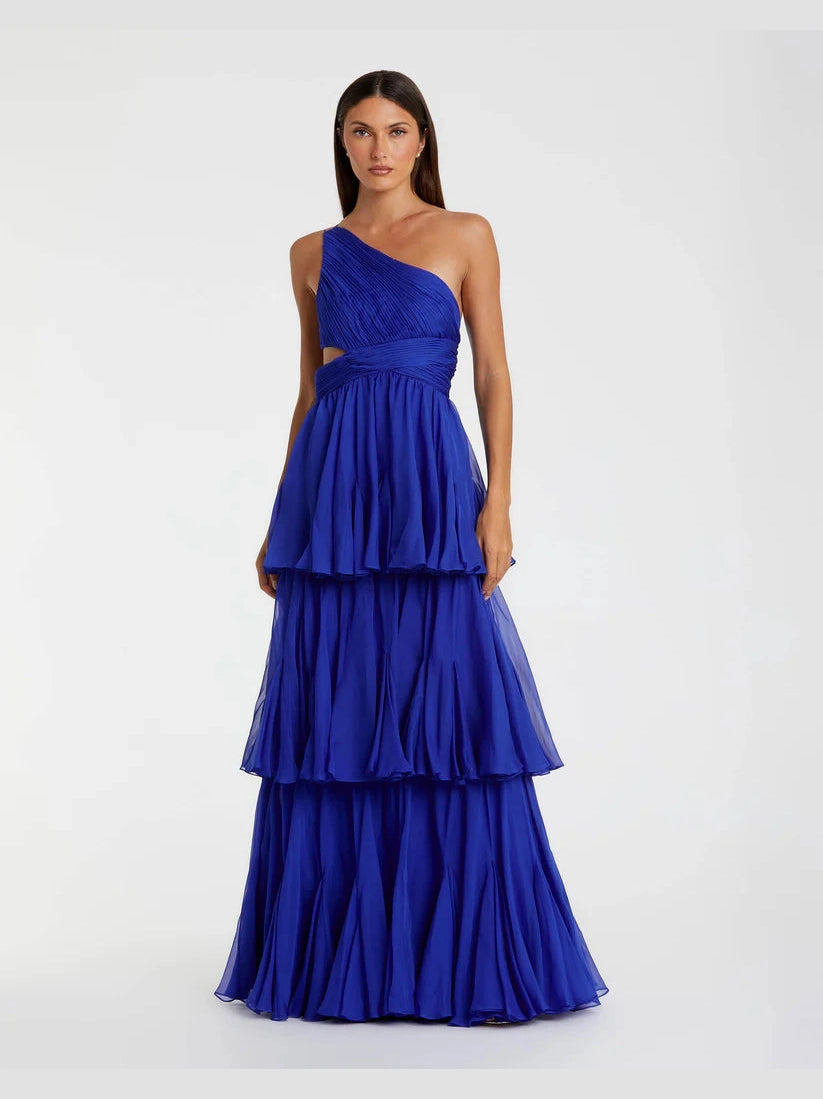 One Shoulder Tiered Chiffon Gown
