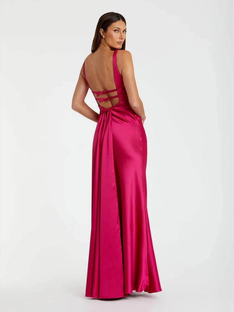 Sleeveless V Neck Satin Gown With Bow Details