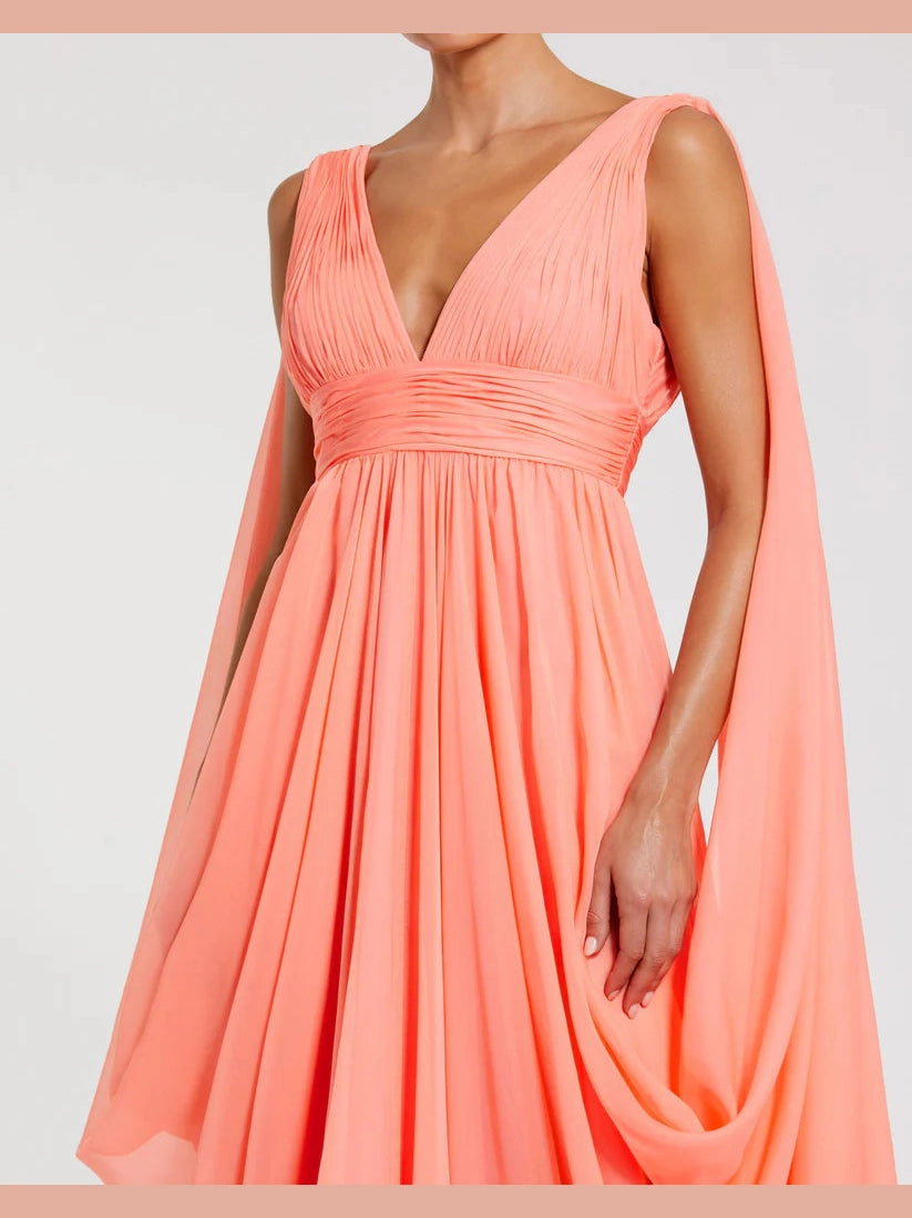 V Neck Chiffon Gown With Draping Details