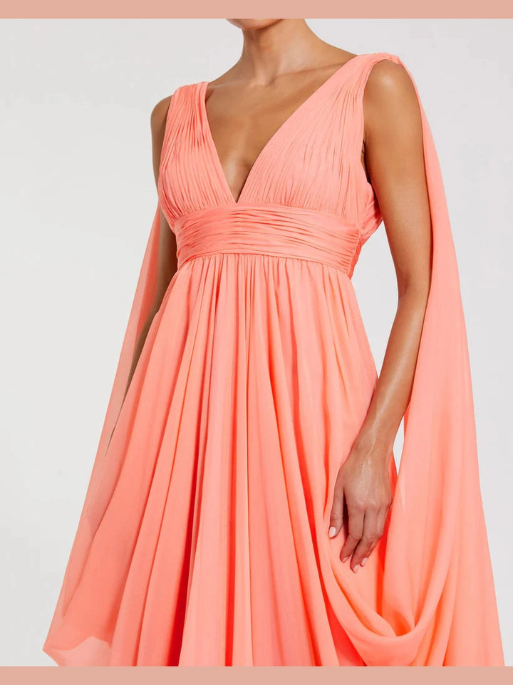 V Neck Chiffon Gown With Draping Details